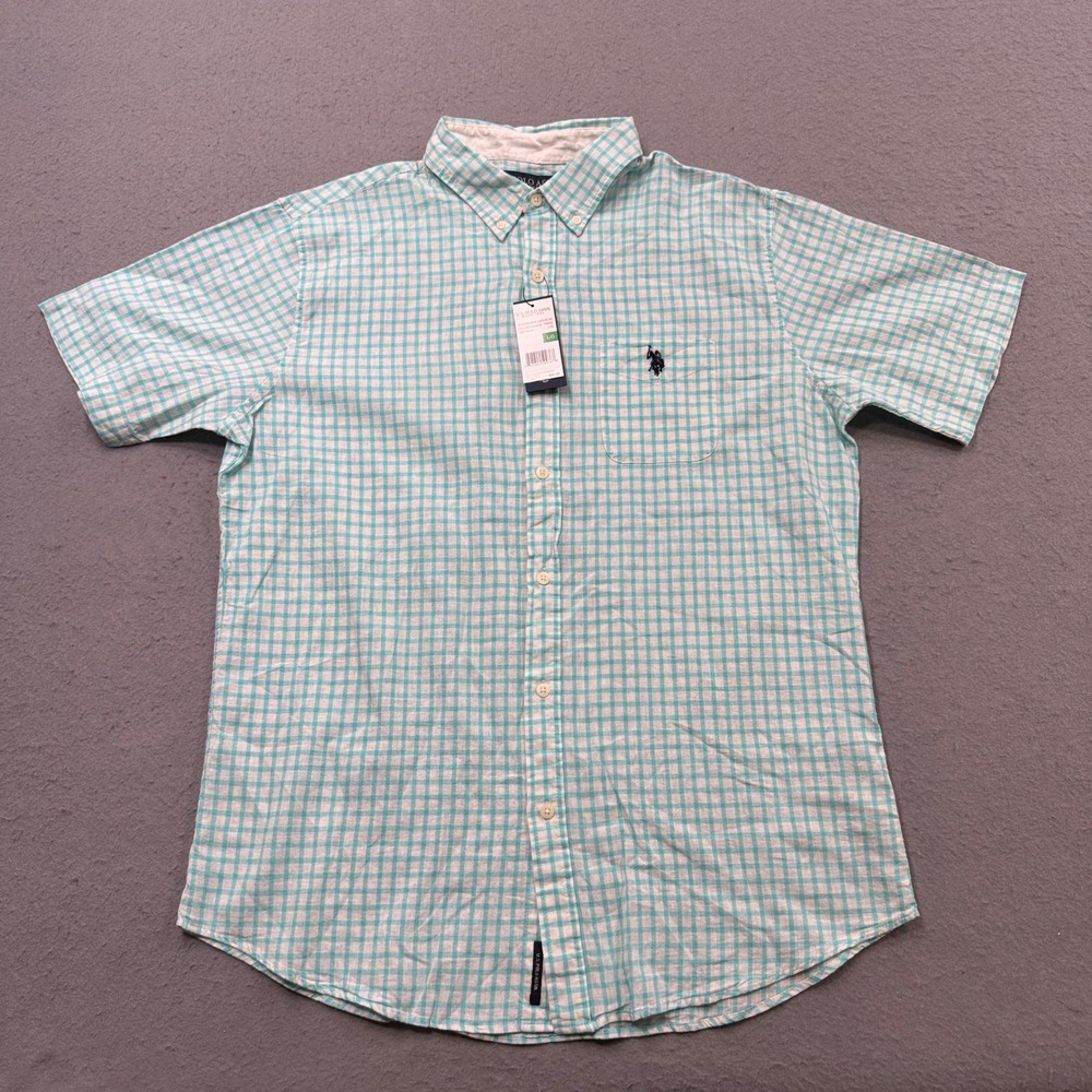 NEW U.S. Polo Assn. Shirt Mens Large Aqua Gingham Linen Short Sleeve Button Down